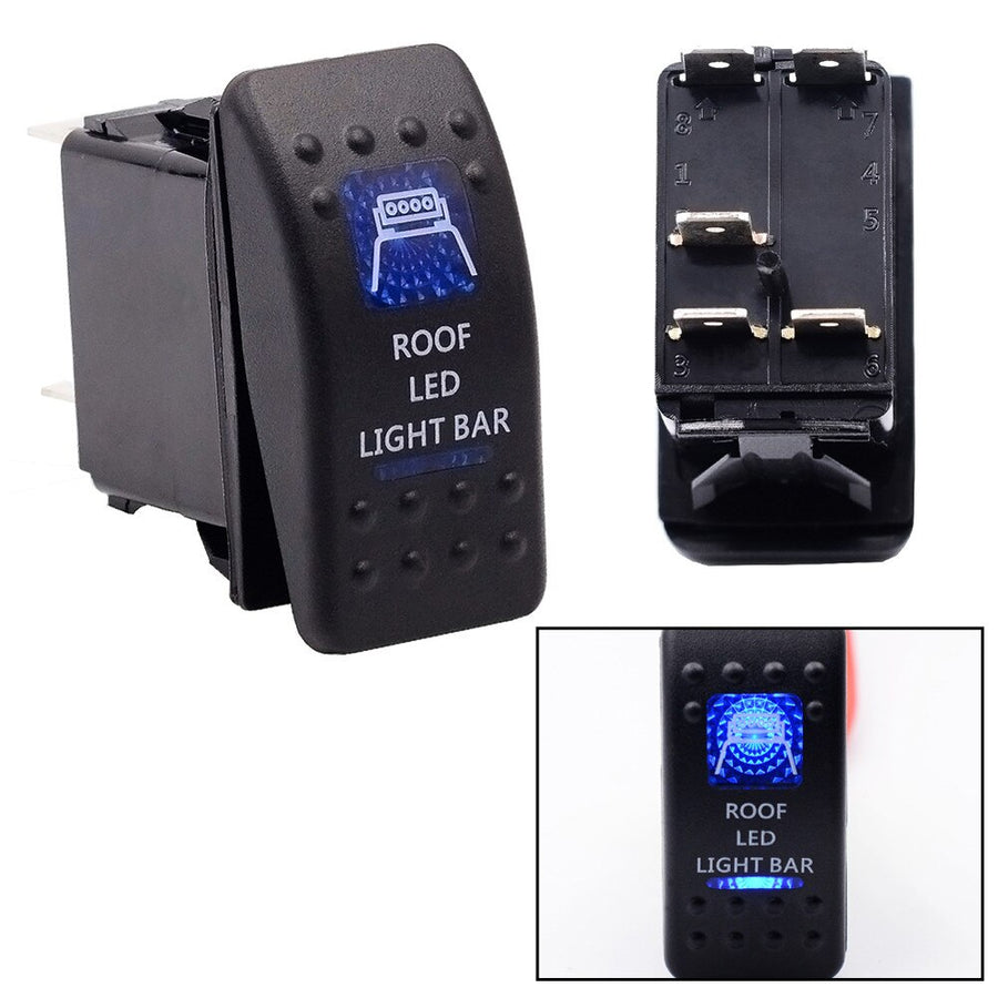 Копче, Бутон, За Вграждане, за LED Лед Бар, Халоген, Светлини, 12V - 24V, Надпис ROOF LED LIGHT BAR , Синя Светлина