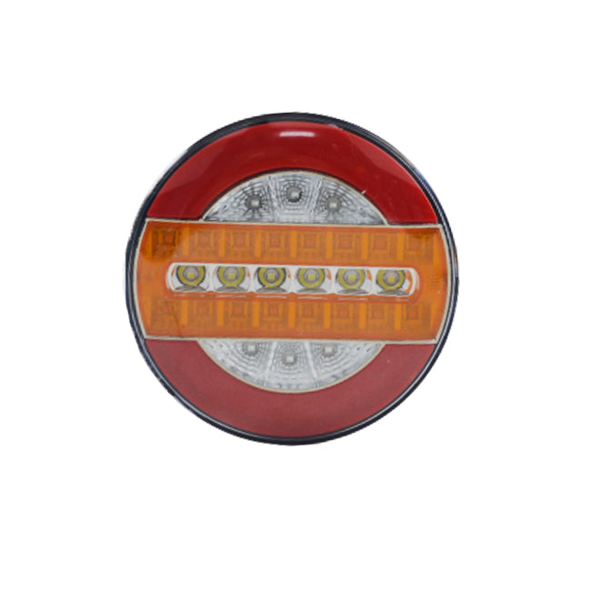 LED кръгъл стоп, червено - бяло, с динамичен и стандартен мигач, 12-24V