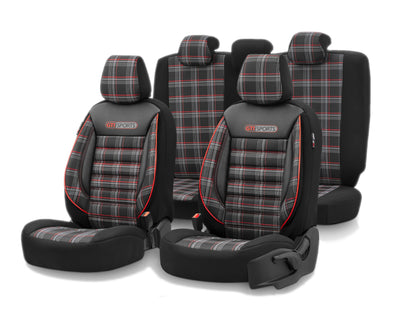 Комплект Луксозна Тапицерия OTOM текстил с еко кожа GTI SPORTS Design – Черна с червен шев, за Предни и Задни Седалки
