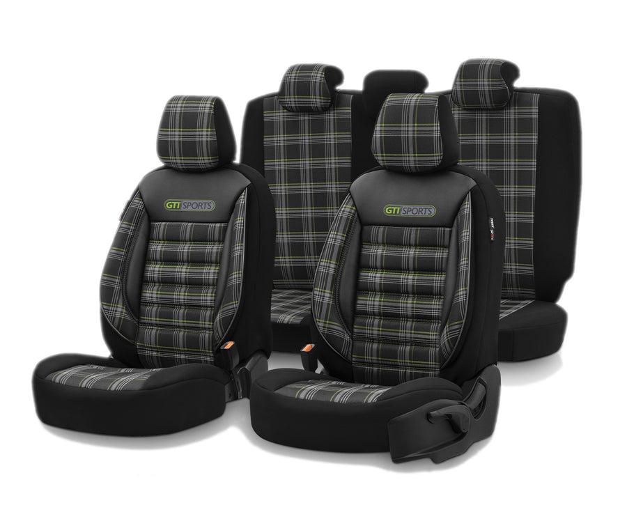 Комплект Луксозна Тапицерия OTOM текстил с еко кожа GTI SPORTS Design – Черна със зелен шев, за Предни и Задни Седалки