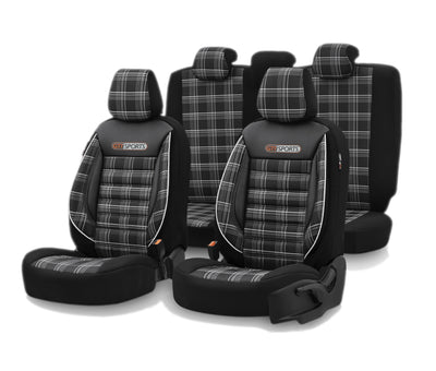 Комплект Луксозна Тапицерия OTOM текстил с еко кожа GTI SPORTS Design – Черна с бял шев, за Предни и Задни Седалки