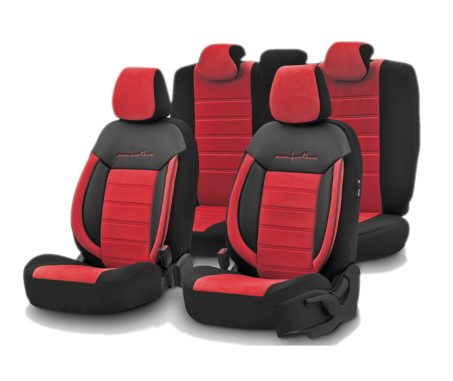 Комплект Луксозна Тапицерия OTOM текстил с еко кожа COMFORT LINE Design – Червено-Черна с червен шев, за Предни и Задни Седалки