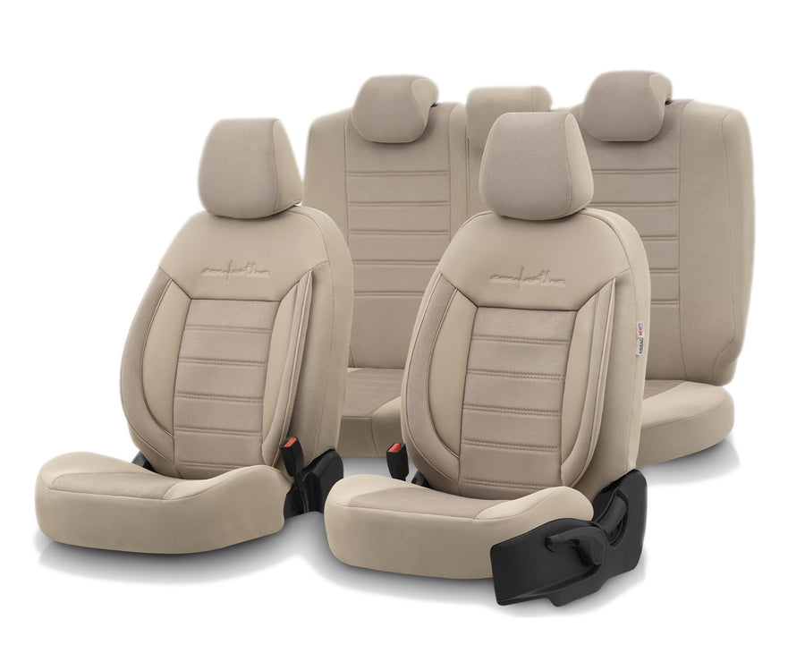 Комплект Луксозна Тапицерия OTOM текстил с еко кожа COMFORT LINE Design – Бежова с бежов шев, за Предни и Задни Седалки