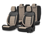 Комплект Луксозна Тапицерия OTOM текстил с еко кожа COMFORT LINE Design – Бежово-Черна с бежов шев, за Предни и Задни Седалки