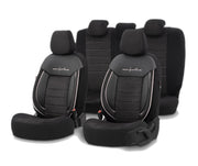 Комплект Луксозна Тапицерия OTOM текстил с еко кожа COMFORT LINE Design – Черна с бял шев, за Предни и Задни Седалки