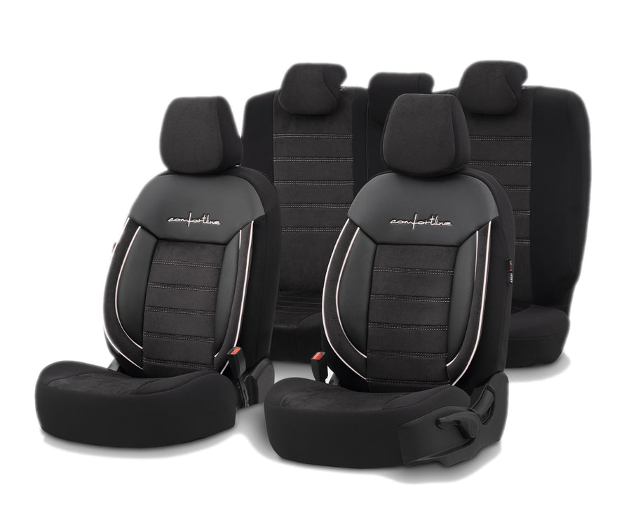 Комплект Луксозна Тапицерия OTOM текстил с еко кожа COMFORT LINE Design – Черна с бял шев, за Предни и Задни Седалки