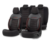 Комплект Луксозна Тапицерия OTOM текстил с еко кожа COMFORT LINE Design – Черна с червен шев, за Предни и Задни Седалки