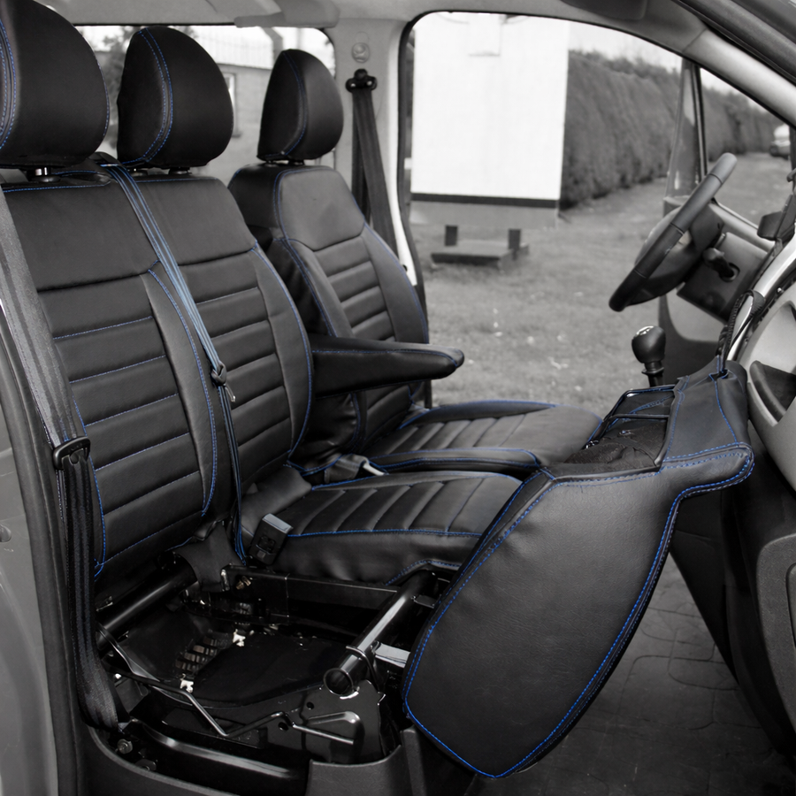 Кожена тапицерия за седалки за Renault Traffic, Opel VIvaro, Vauxhall 2015-2022, 2+1 - черна със син шев