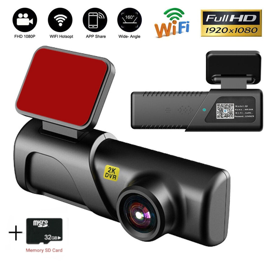Видеорегистратор за автомобил 2K HD WIFI USB DVR камера G-сензор Видеорекордер Нощно виждане + 32 GB Micro SD Card карта с памет