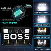 Комплект от 2бр. универсалeн 5 инча ЛЕД LED фар лампа халоген 12V-24V къси/дълги с DRL дневни светлини мигач бяло-жълто 9600lm за АТВ джип камион трактор и др.