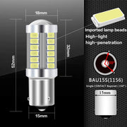 Комплект от 2бр. LED Лед Крушки, 33 SMD, С Лупа, BAU15S 1156 (P21W), 12V, Бяла, Светлина Разминати пинове (150°)