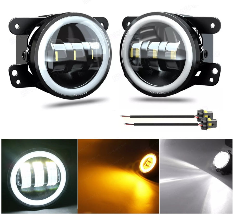 Комплект от 2 броя 4 инча 9.8cм ЛЕД LED фар лампа халоген 12V-24V с DRL дневни светлини мигач бяло-жълто за Jeep Dodge Chrysler Peugeot Ford CITROËN Opel Dacia Jaguar PORSCHE Suzuki Nissan RENAULT