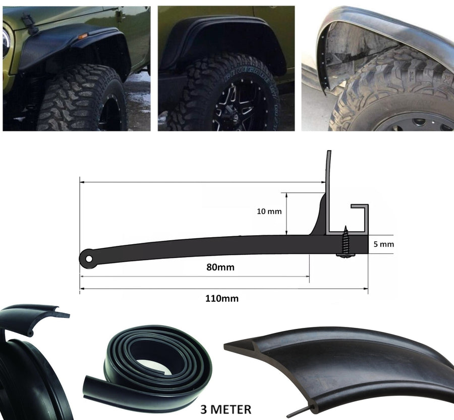 Гумен Разширител за Раздувки Вежди за калници за offroad офроуд джип SUV микробус автомобил 8cm x 3m черен