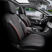 Комплект Луксозна Тапицерия OTOM текстил с еко кожа THRONE Design – Черна с червен шев, за Предни и Задни Седалки