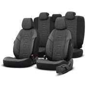 Комплект Луксозна Тапицерия OTOM текстил с еко кожа THRONE Design – Черна със сив шев, за Предни и Задни Седалки