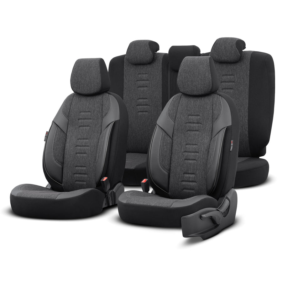 Комплект Луксозна Тапицерия OTOM текстил с еко кожа THRONE Design – Черна със сив шев, за Предни и Задни Седалки