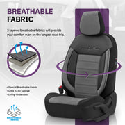 Комплект Луксозна Тапицерия OTOM текстил с еко кожа COMFORT LINE Design – Сиво-Черна със сив шев, за Предни и Задни Седалки