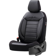 Комплект Луксозна Тапицерия OTOM текстил с еко кожа COMFORT LINE Design – Черна с черен шев, за Предни и Задни Седалки