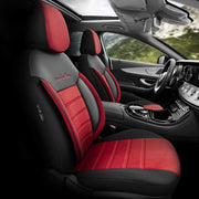 Комплект Луксозна Тапицерия OTOM текстил с еко кожа COMFORT LINE Design – Червено-Черна с червен шев, за Предни и Задни Седалки