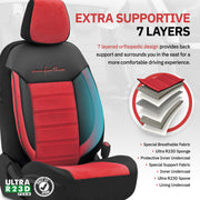 Комплект Луксозна Тапицерия OTOM текстил с еко кожа COMFORT LINE Design – Червено-Черна с червен шев, за Предни и Задни Седалки