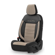 Комплект Луксозна Тапицерия OTOM текстил с еко кожа COMFORT LINE Design – Бежово-Черна с бежов шев, за Предни и Задни Седалки
