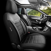 Комплект Луксозна Тапицерия OTOM текстил с еко кожа COMFORT LINE Design – Черна с бял шев, за Предни и Задни Седалки