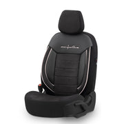 Комплект Луксозна Тапицерия OTOM текстил с еко кожа COMFORT LINE Design – Черна с бял шев, за Предни и Задни Седалки