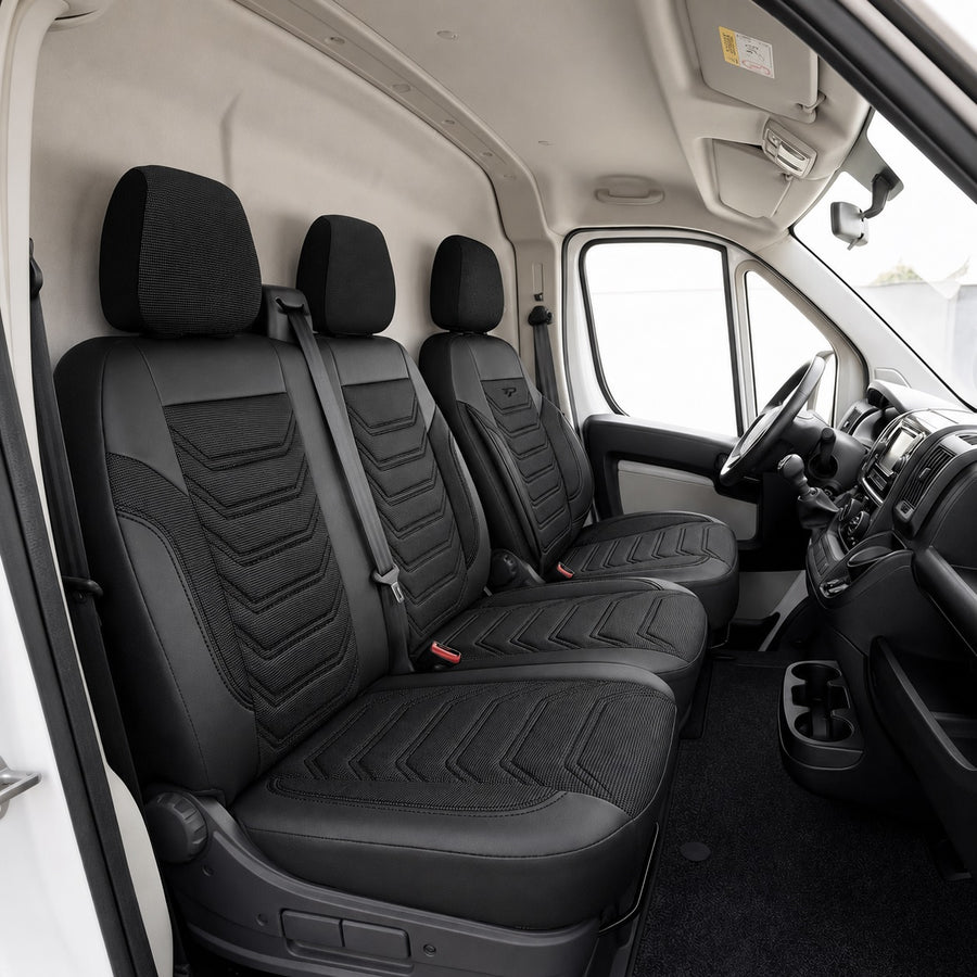 Комплект луксозна тапицерия PANDA за FORD TRANSIT CUSTOM MK1 2012-2023, Еко кожа и текстил, Черно/Сиво