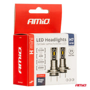 LED Крушки H7 / H18 AMiO H-Mini Series, 42W, 6500K Бяла Светлина, CANBUS, E9 R10, 12V / 24V, Комплект 2 Броя