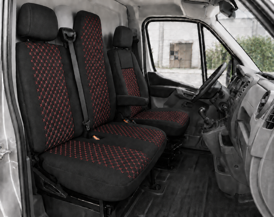 Комплект 2+1 Тапицерия за RENAULT MASTER III 2010-2019 – Текстил, Черна с червен шев, 6 части