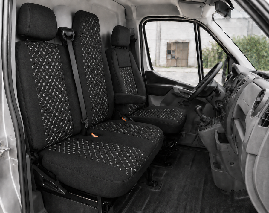 Комплект 2+1 Тапицерия за RENAULT MASTER III 2010-2019 – Текстил, Черна с бял шев, 6 части