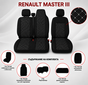 Комплект 2+1 Тапицерия за RENAULT MASTER III 2010-2019 – Текстил, Черна с бял шев, 6 части