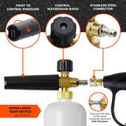 Професионална пянообразуваща дюза 1 л за водоструйка, Foam Cannon, Quick Connect 1/4 - регулиране на струята и концентрацията на пяната, 5 дюзи в комплекта