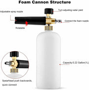 Професионална пянообразуваща дюза 1 л за водоструйка, Foam Cannon, Quick Connect 1/4 - регулиране на струята и концентрацията на пяната, 5 дюзи в комплекта
