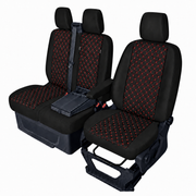 Комплект 2+1 Тапицерия за FORD TRANSIT CUSTOM 2009+ – Еко кожа, Черна с червен шев, 8 части