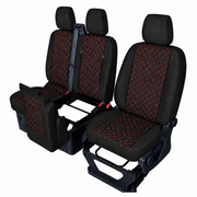 Комплект 2+1 Тапицерия за FORD TRANSIT CUSTOM 2009+ – Еко кожа, Черна с червен шев, 8 части
