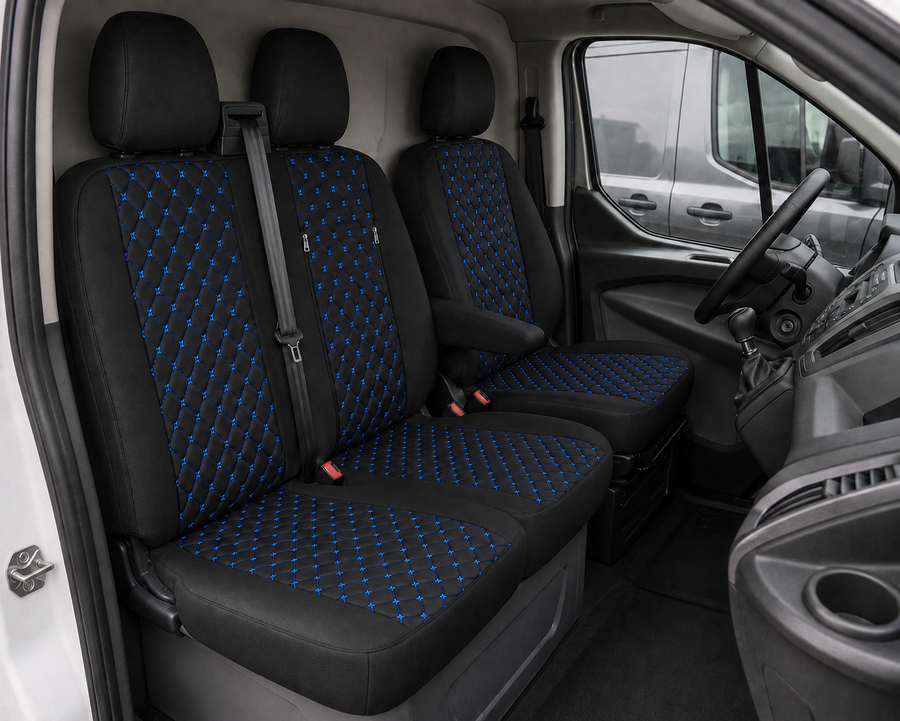 Комплект 2+1 Тапицерия за FORD TRANSIT CUSTOM 2009+ – Еко кожа, Черна със син шев, 8 части