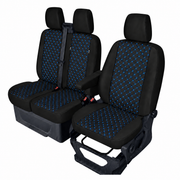 Комплект 2+1 Тапицерия за FORD TRANSIT CUSTOM 2009+ – Еко кожа, Черна със син шев, 8 части