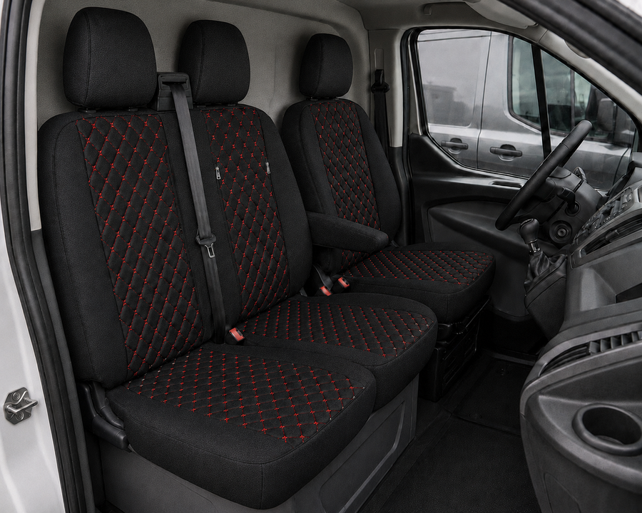 Комплект 2+1 Тапицерия за FORD TRANSIT CUSTOM 2009+ – Текстил, Черна с червен шев, 8 части