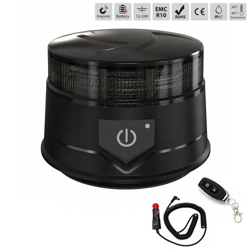 Оранжева LED аварийна лампа с опушен корпус, 36 LED, 19W, 7 режима, дистанционно, вградена батерия, магнит и вендуза, E-Mark E9, ECE R10, IP67, 12–24V