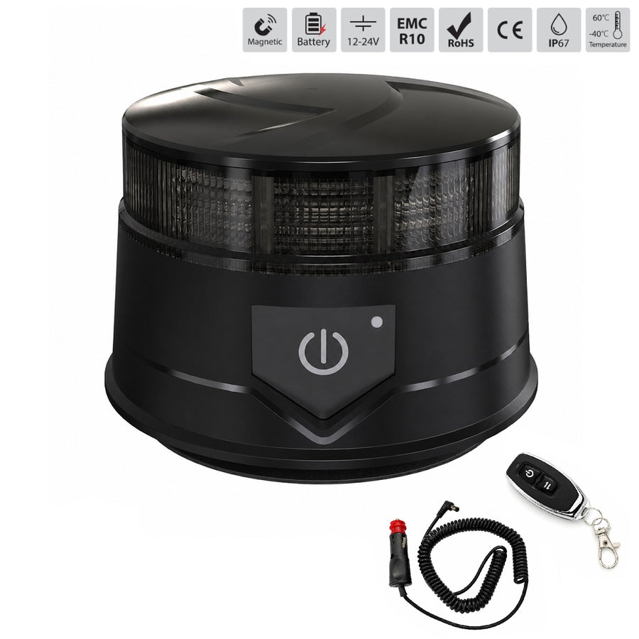Оранжева LED аварийна лампа с опушен корпус, 36 LED, 19W, 7 режима, дистанционно, вградена батерия, магнит и вендуза, E-Mark E9, ECE R10, IP67, 12–24V