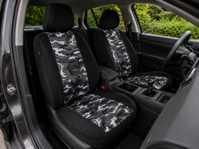 1+1 Универсална текстилна тапицерия за предни седалки за автомобил, бус и джип, черно-сив камуфлаж, 4 части