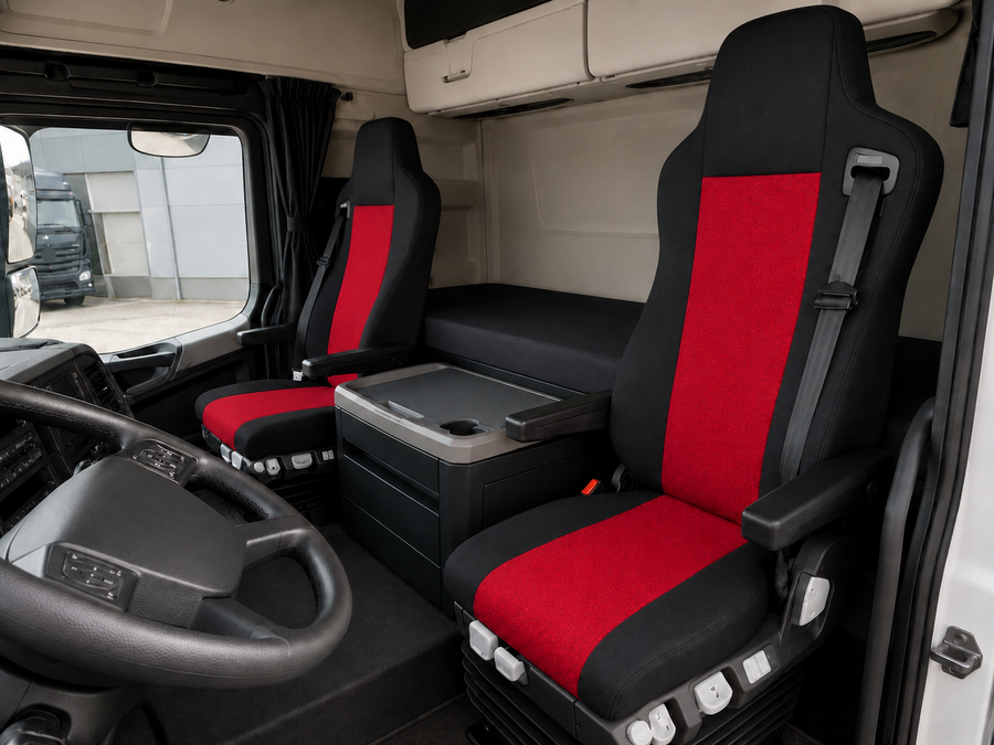 Текстилна тапицерия за седалки за Mercedes-Benz Actros, Axor, Atego 2000–2015 г., черно-червена, 2 части