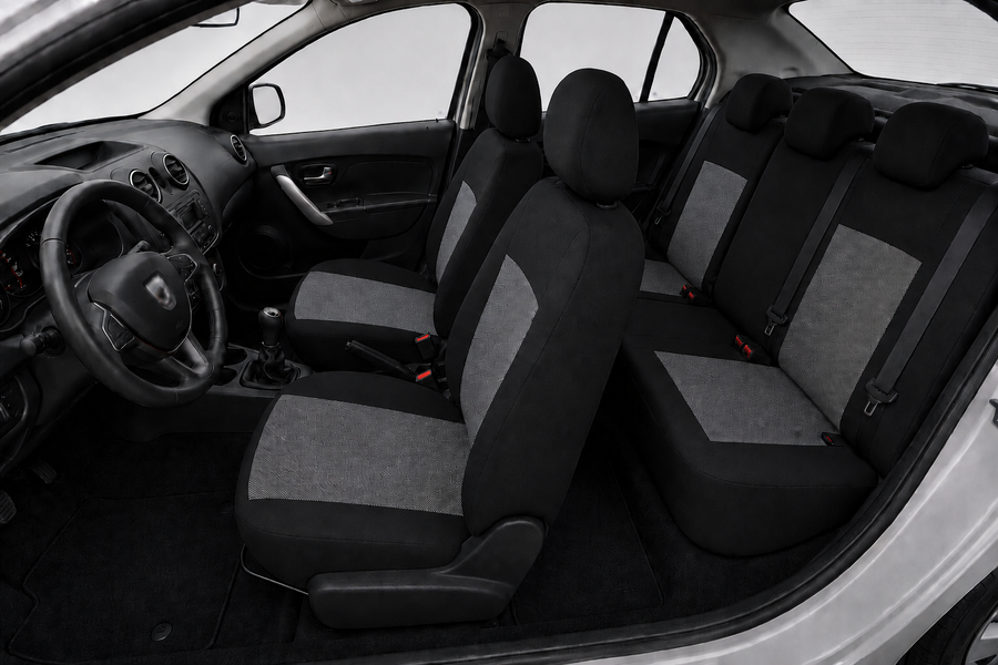 Текстилна тапицерия за седалки за Dacia Logan I 2004–2012, Dacia Logan II 2012+, черно-сива, 9 части