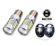 Комплект 2 автомобилни LED крушки BA15D, 21 SMD, 12-24V, 1W/4W, Бяла светлина, 2 степени, с лупа, Блистер