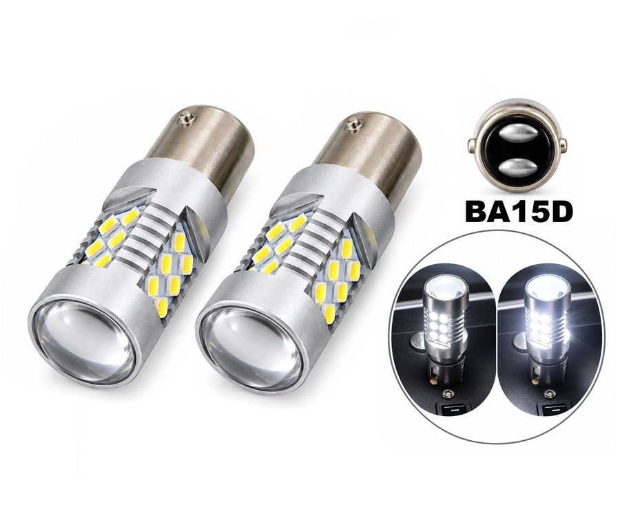 Комплект 2 автомобилни LED крушки BA15D, 21 SMD, 12-24V, 1W/4W, Бяла светлина, 2 степени, с лупа, Блистер