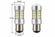 Комплект 2 автомобилни LED крушки BA15D, 21 SMD, 12-24V, 1W/4W, Бяла светлина, 2 степени, с лупа, Блистер