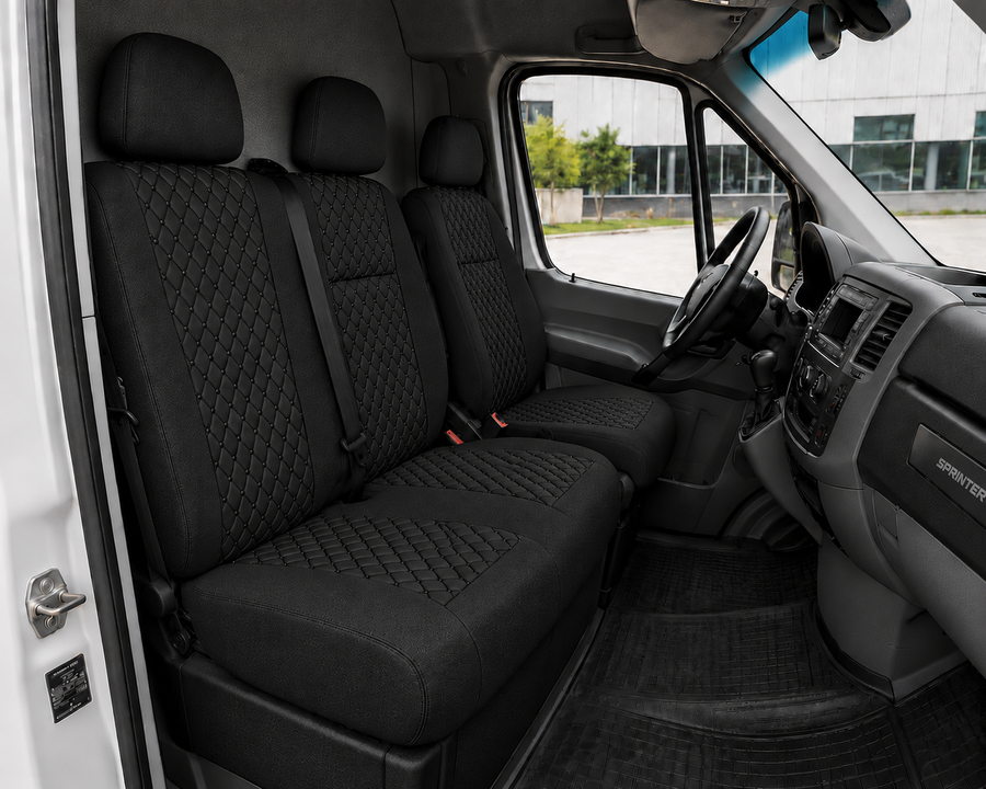 2+1 Текстилна тапицерия за предни седалки за Mercedes Sprinter W906 2006-2018, Черна с черен шев, 8 части