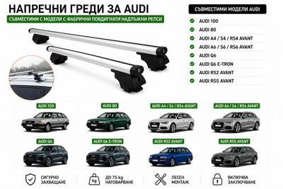 Aлуминиеви греди за багажник с ключалки за Audi Серия 100, 80, A4, A6, RS2, RS5 Комби Avant и Q6 с повдигнати надлъжни релси (Raised Rails) 120 см, до 75 кг, Сребристи
