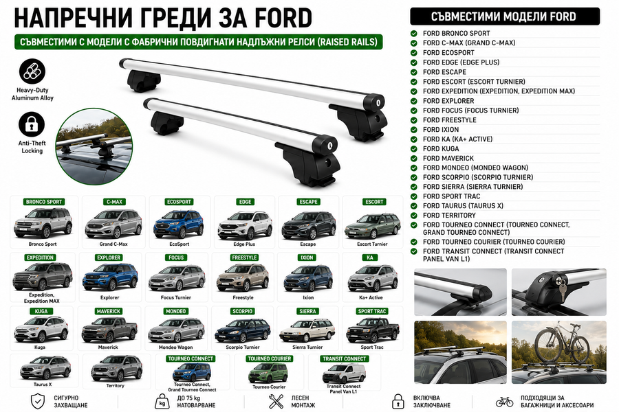 Aлуминиеви греди за багажник с ключалки за Ford Bronco Sport, EcoSport, Edge, Escape, Expedition, Explorer, Kuga, Mondeo, Tourneo с повдигнати надлъжни релси (Raised Rails) 120 см, до 75 кг, Сребристи